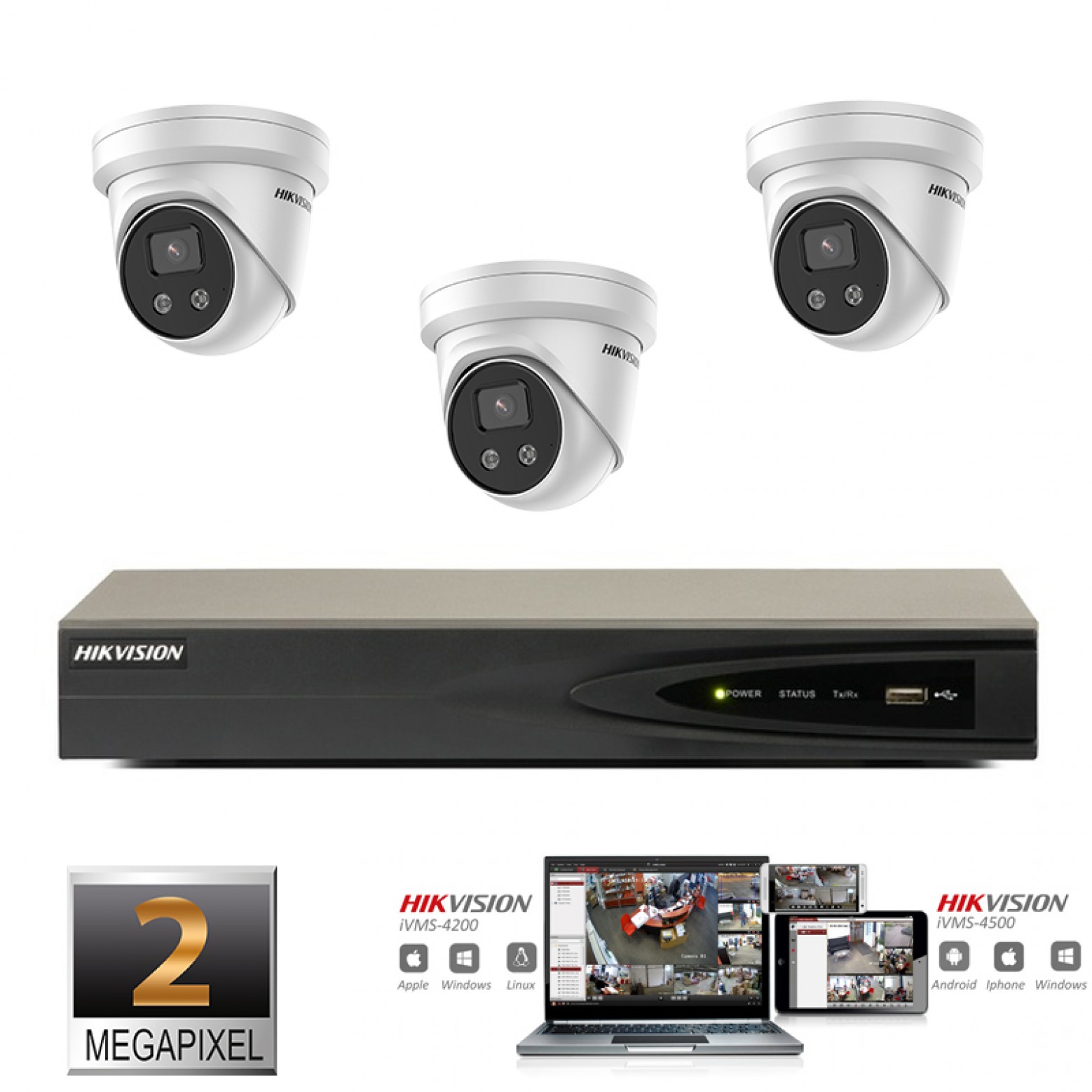 Conjunto de cámaras IP Hikvision 3x torreta 2 megapíxeles Full HD