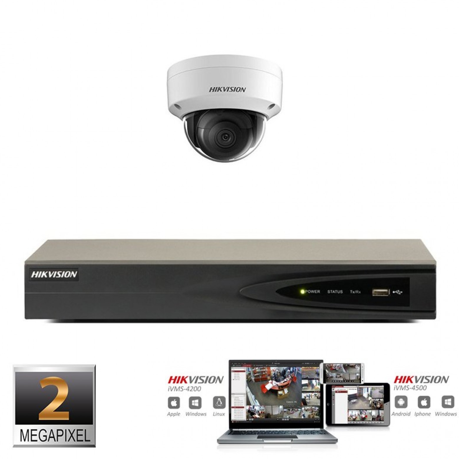 Conjunto de câmaras IP Hikvision 1x cúpula de 2 megapixels Full HD