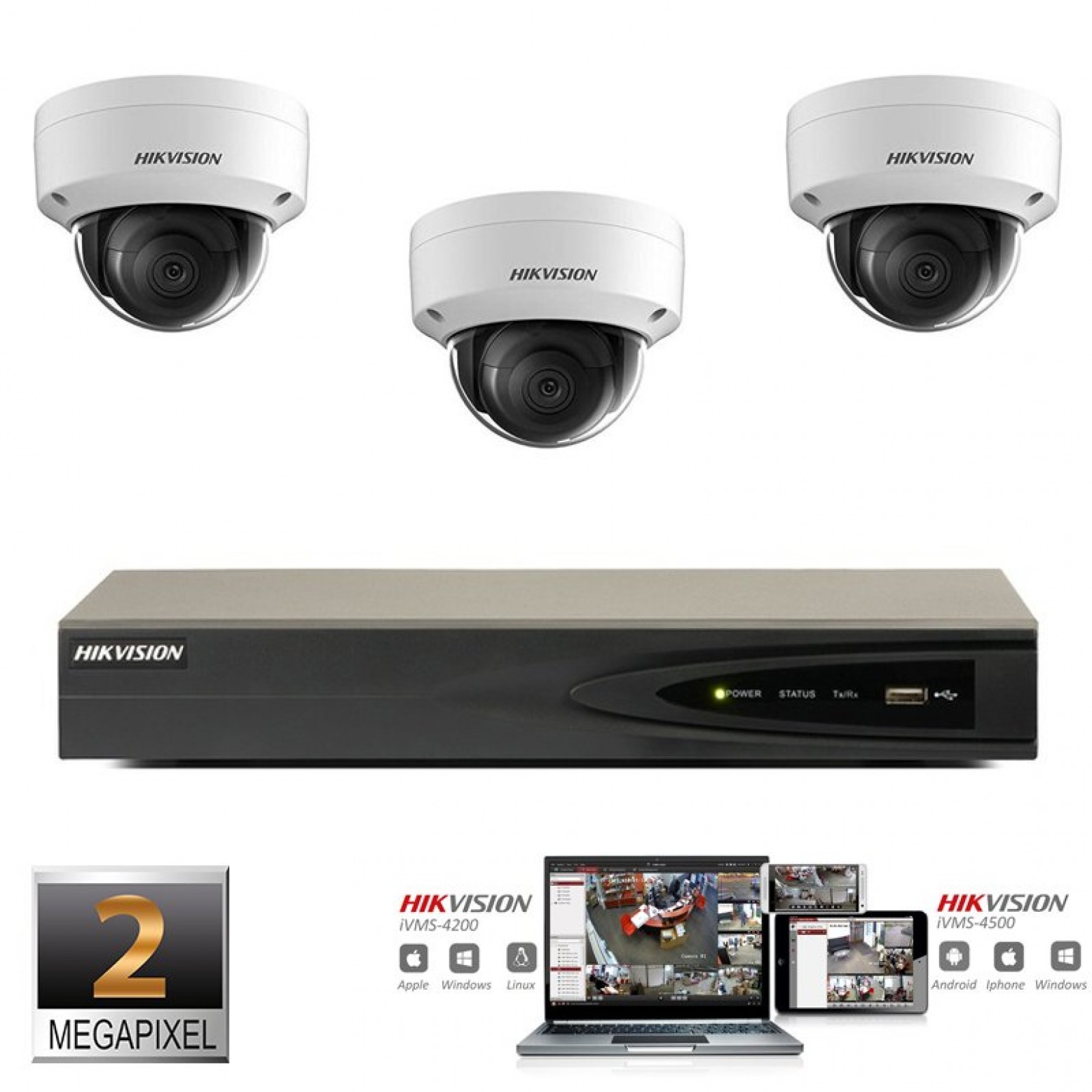 Hikvision IP camera set 3x dome 2 megapixel Full HD