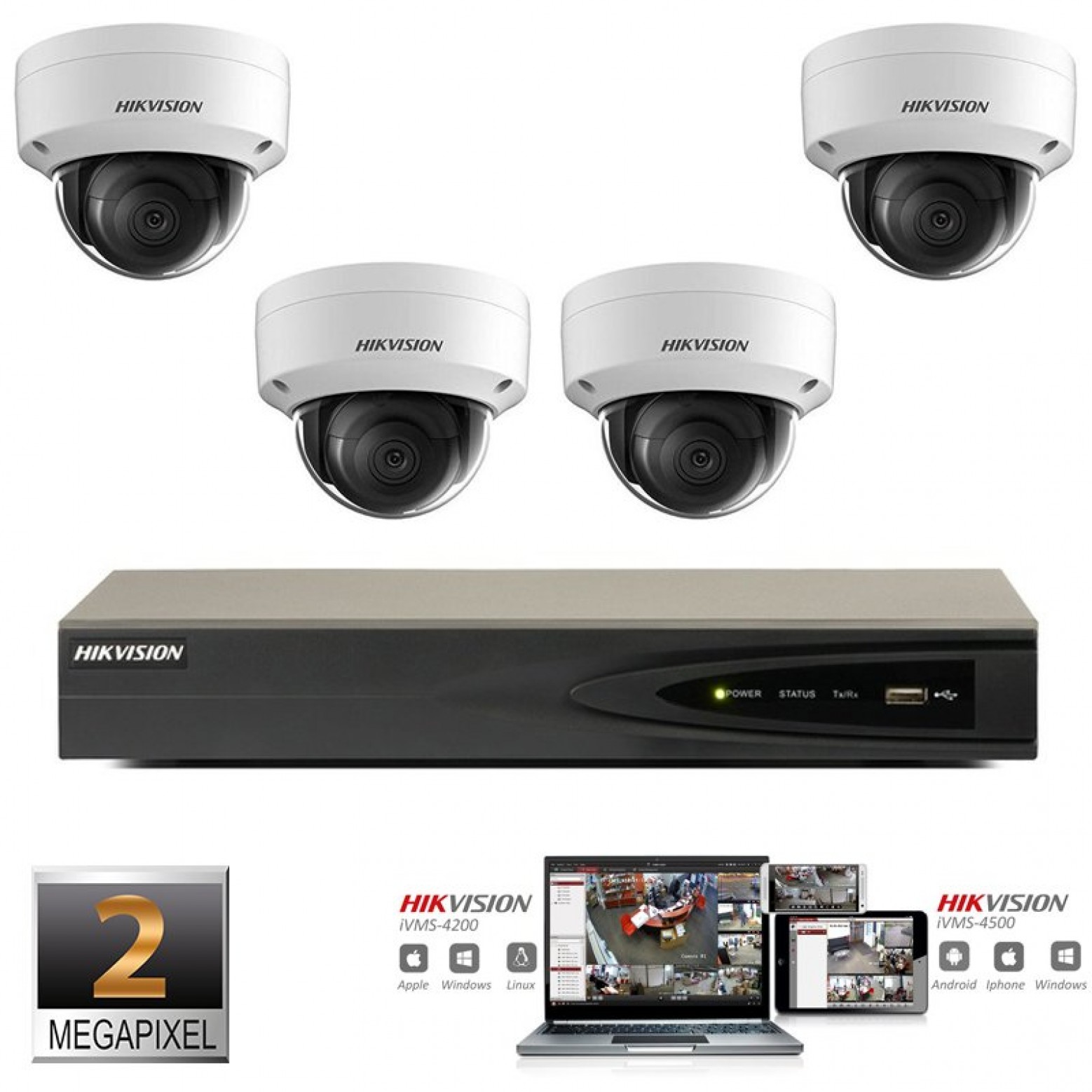 Hikvision IP camera set 4x dome 2 megapixel Full HD