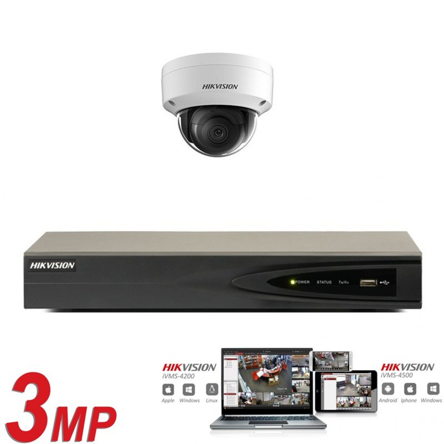 Conjunto de cámaras IP Hikvision 1x domo 3 megapíxeles Full HD