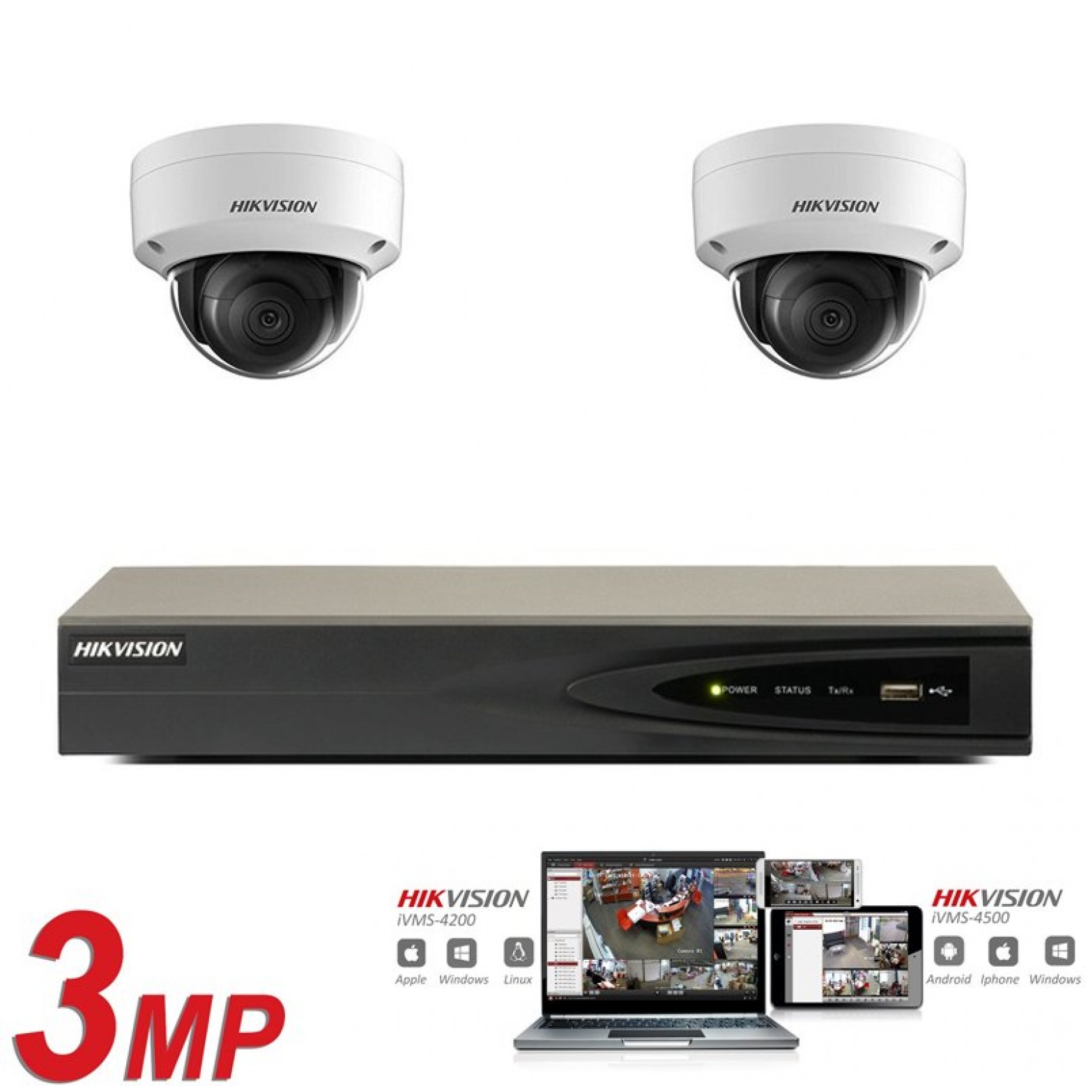 Conjunto de câmeras IP Hikvision 2x cúpula de 3 megapixels Full HD