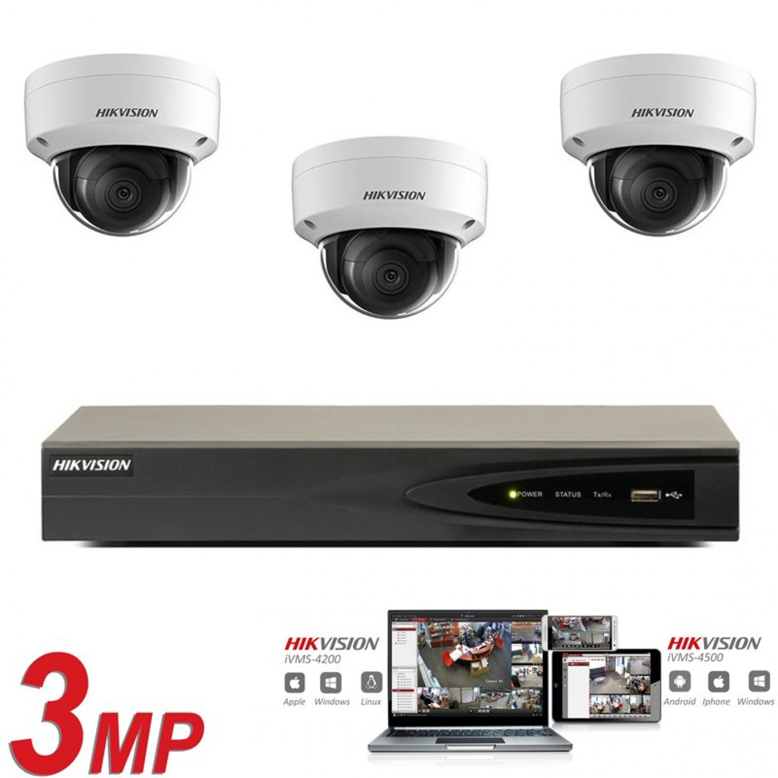 Conjunto de cámaras IP Hikvision 3x domo 3 megapíxeles Full HD