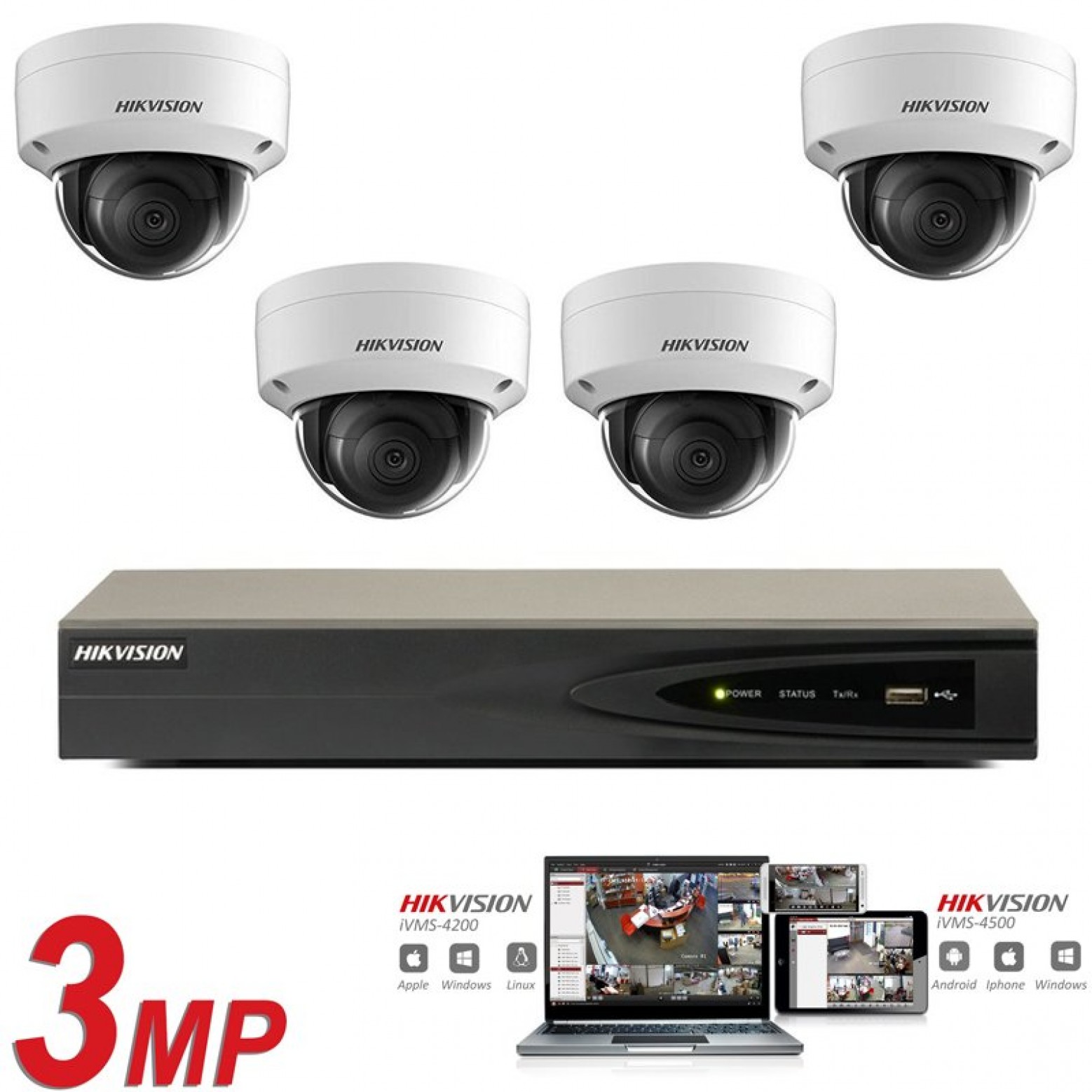 Conjunto de câmeras IP Hikvision 4x cúpula de 3 megapixels Full HD