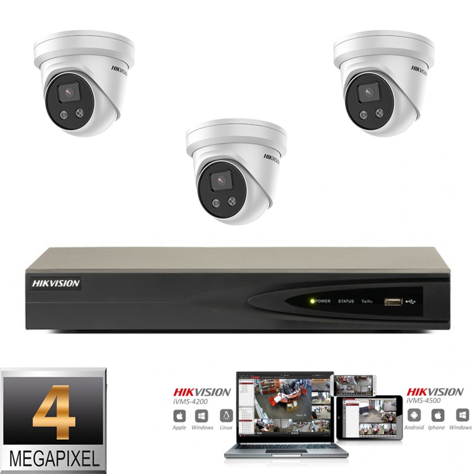 Conjunto de cámaras IP Hikvision 3x torreta 4 megapíxeles Full HD