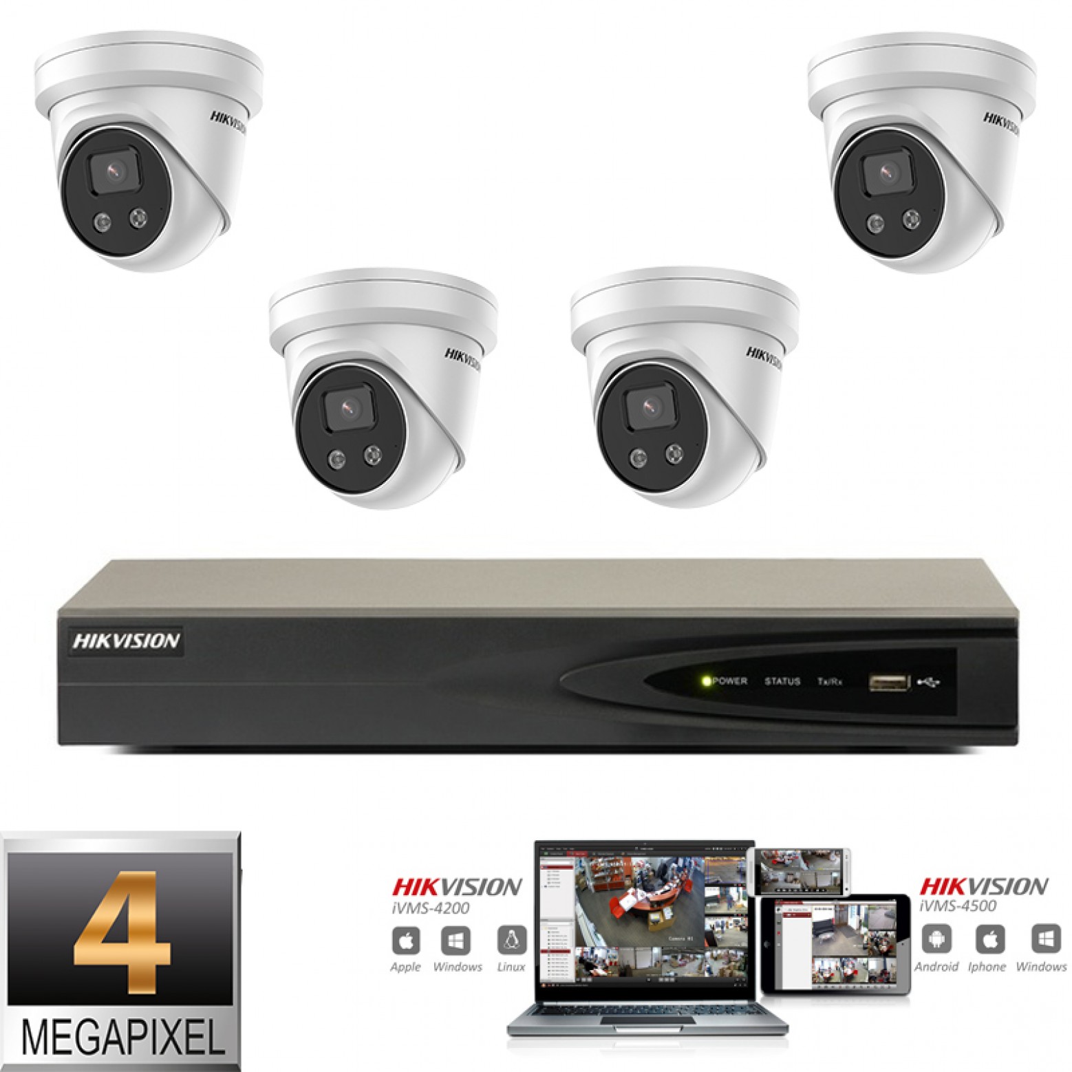 Conjunto de cámaras IP Hikvision 4x torreta 4 megapíxeles Full HD