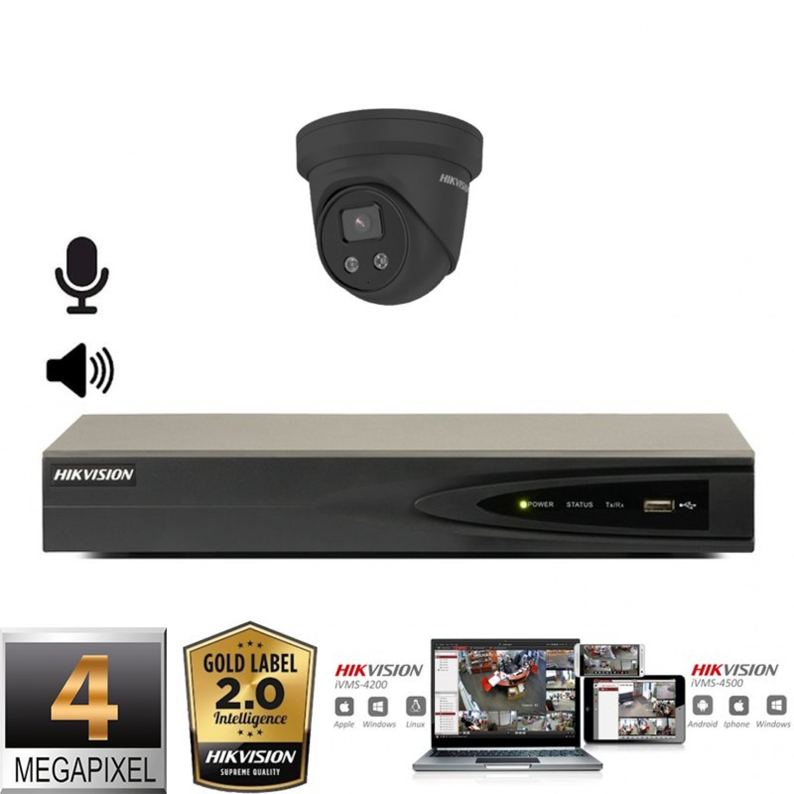 Hikvision Gold Label 2.0 IP camera set 1x turret 4 megapixel Full HD with microphone and speaker black