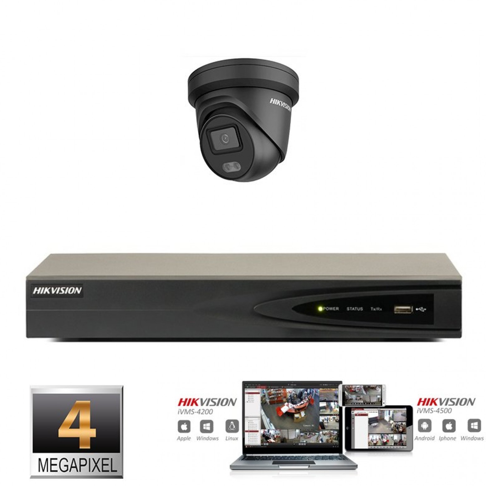 Hikvision IP ColorVu camera set black 1x turret 4 megapixel Full HD with built-in microphone