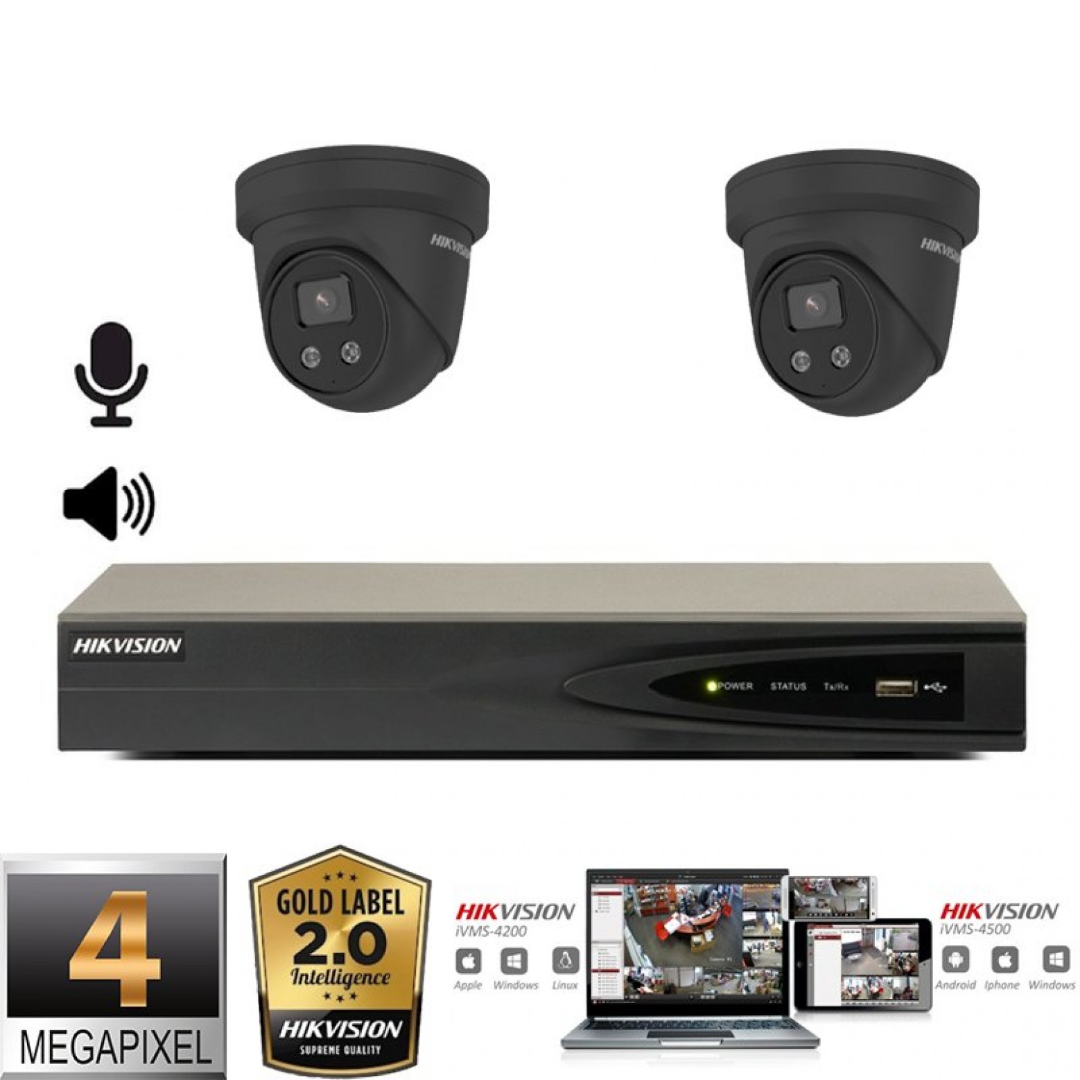 Hikvision Gold Label 2.0 conjunto de câmaras IP 2x torre de 4 megapixels Full HD com microfone e altifalante preto