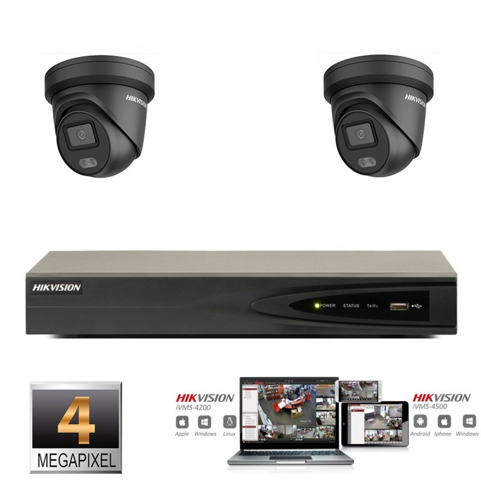 Hikvision IP ColorVu camera set black 2x turret 4 megapixel Full HD with built-in microphone