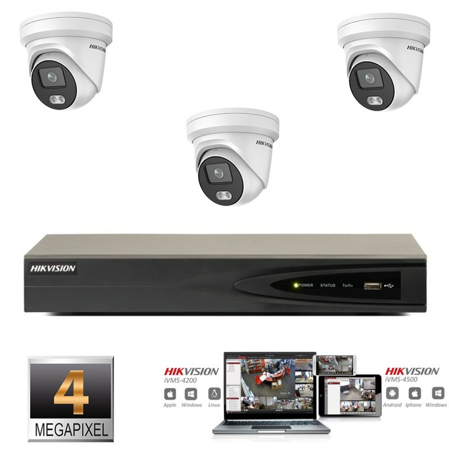 Hikvision IP ColorVu Kamera Set 3x Revolver 4 Megapixel Full HD