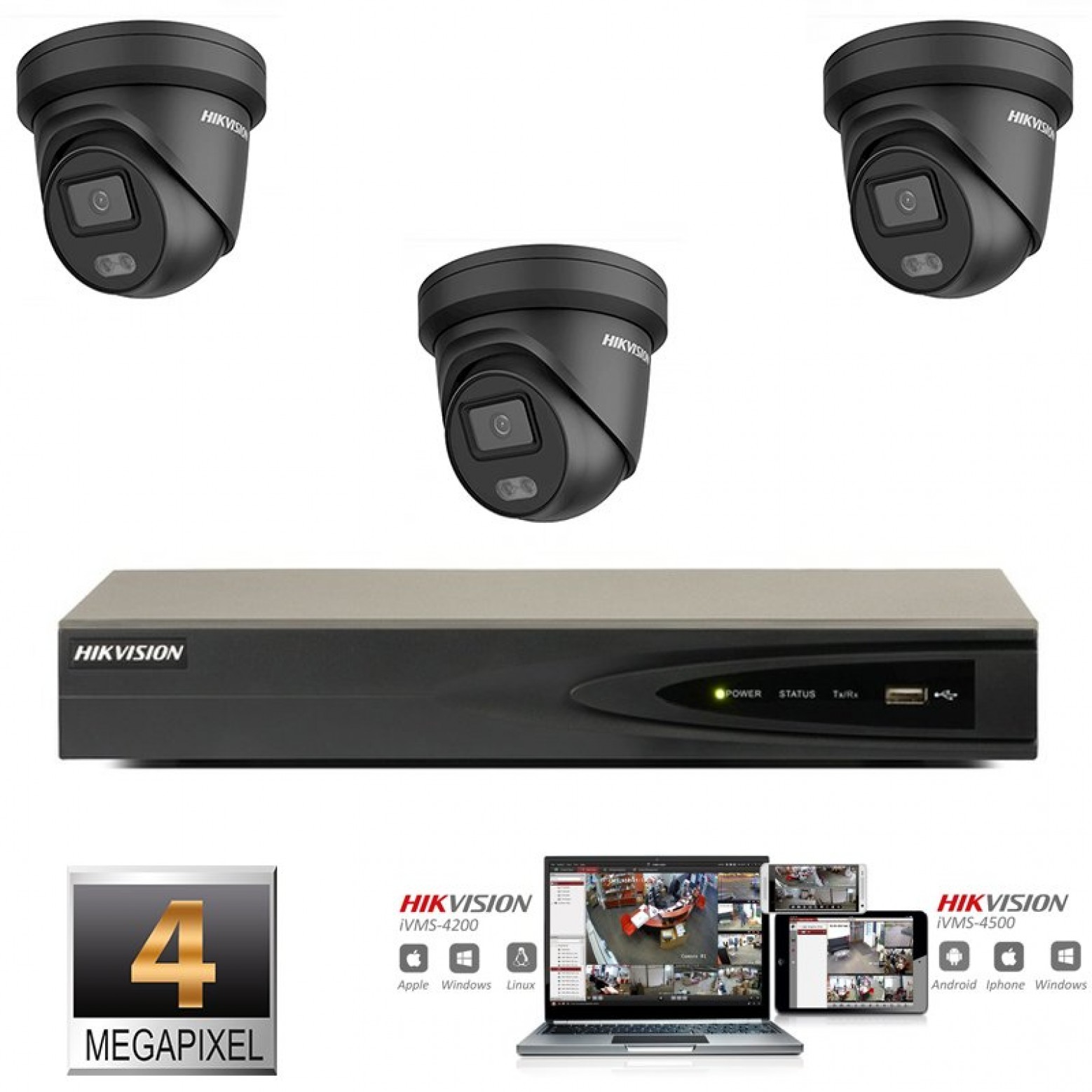 Hikvision IP ColorVu camera set black 3x turret 4 megapixel Full HD with built-in microphone