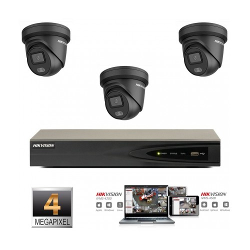 Hikvision IP ColorVu camera set  zwart 3x turret 4 megapixel Full HD met ingebouwde microfoon
