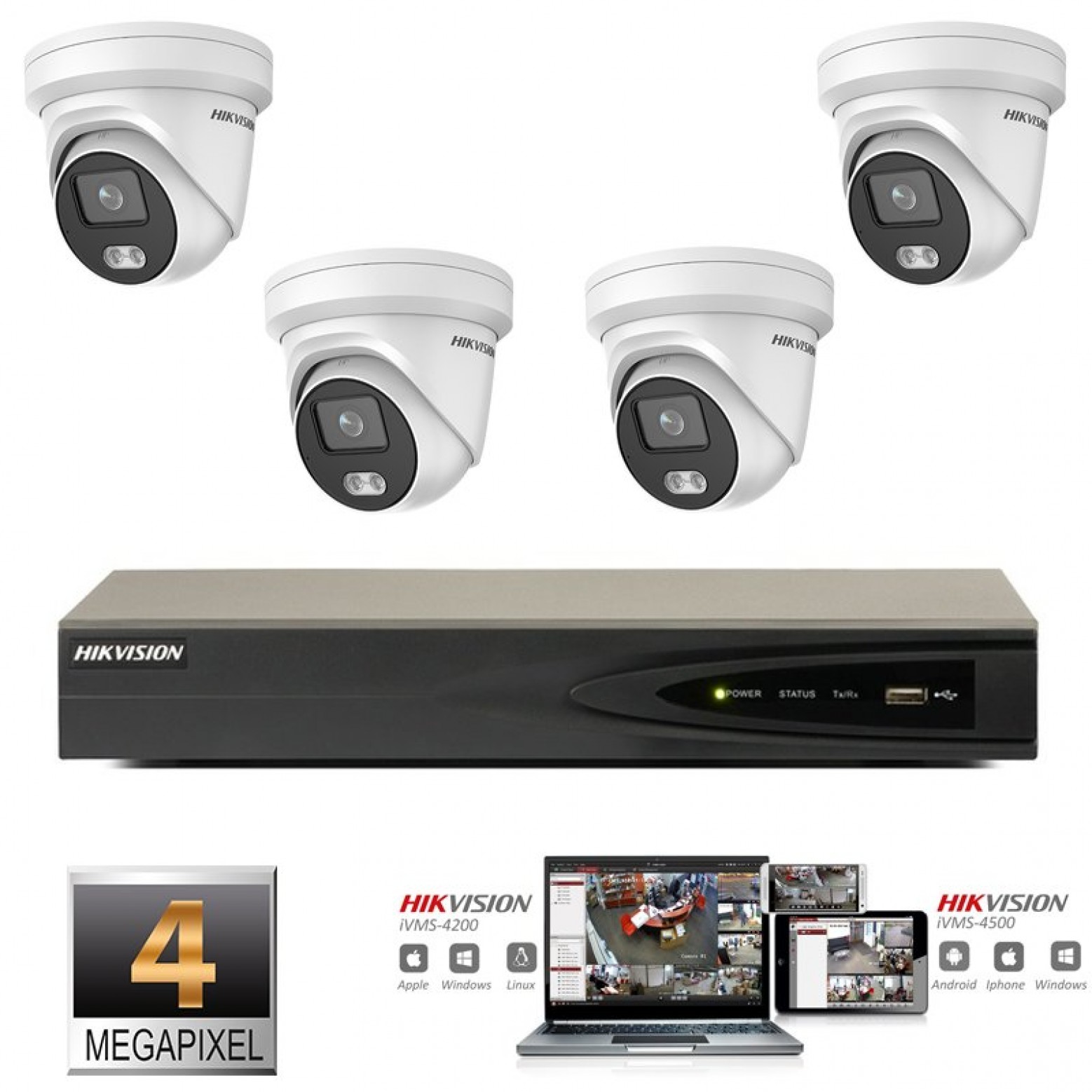 Hikvision IP ColorVu camera set 4x turret 4 megapixel Full HD