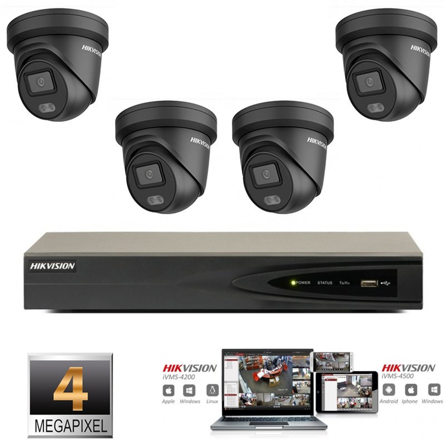 Ensemble de caméras IP ColorVu Hikvision noir 4x tourelle 4 mégapixels Full HD avec microphone intégré