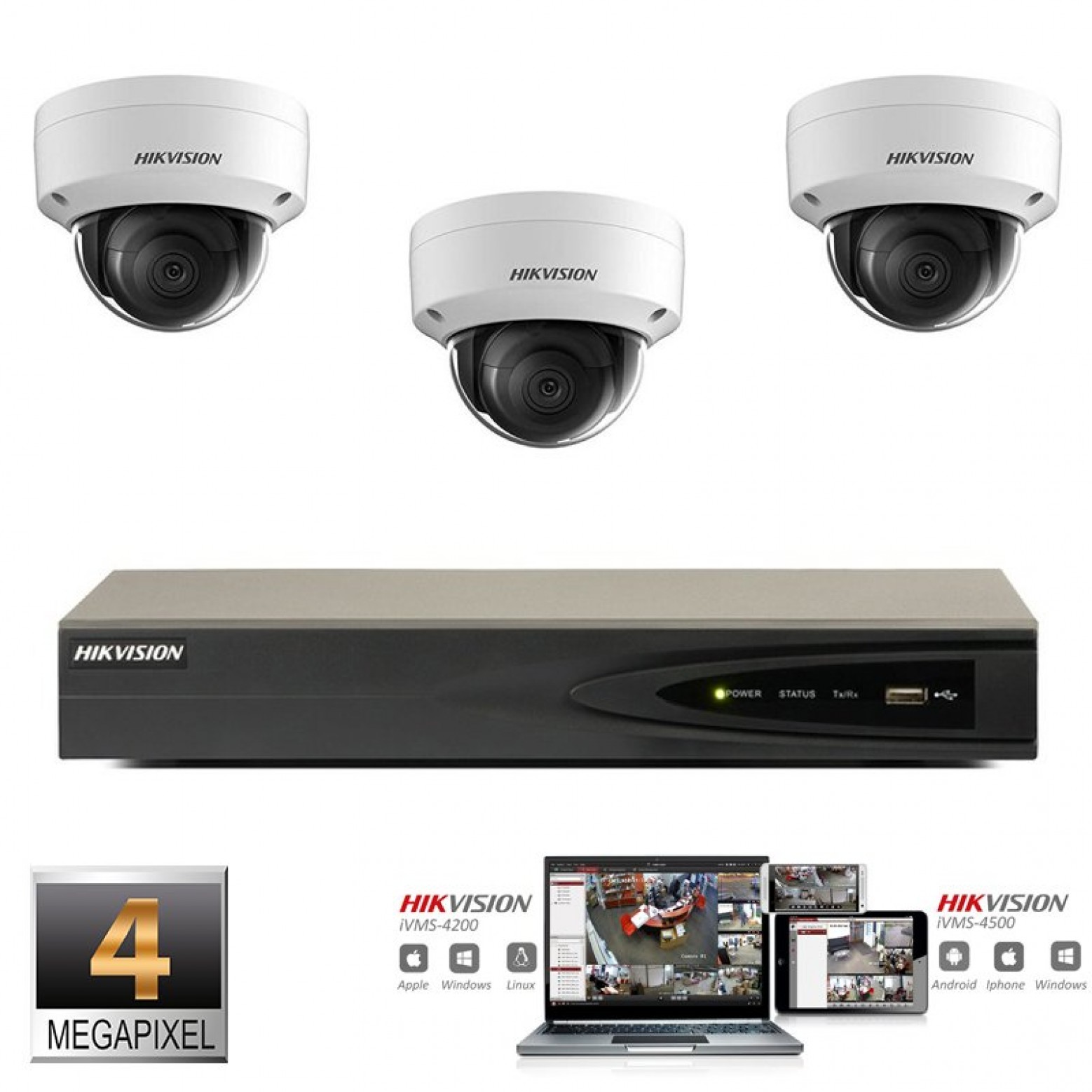 Conjunto de câmaras IP Hikvision 3x dome 4 megapixels Full HD