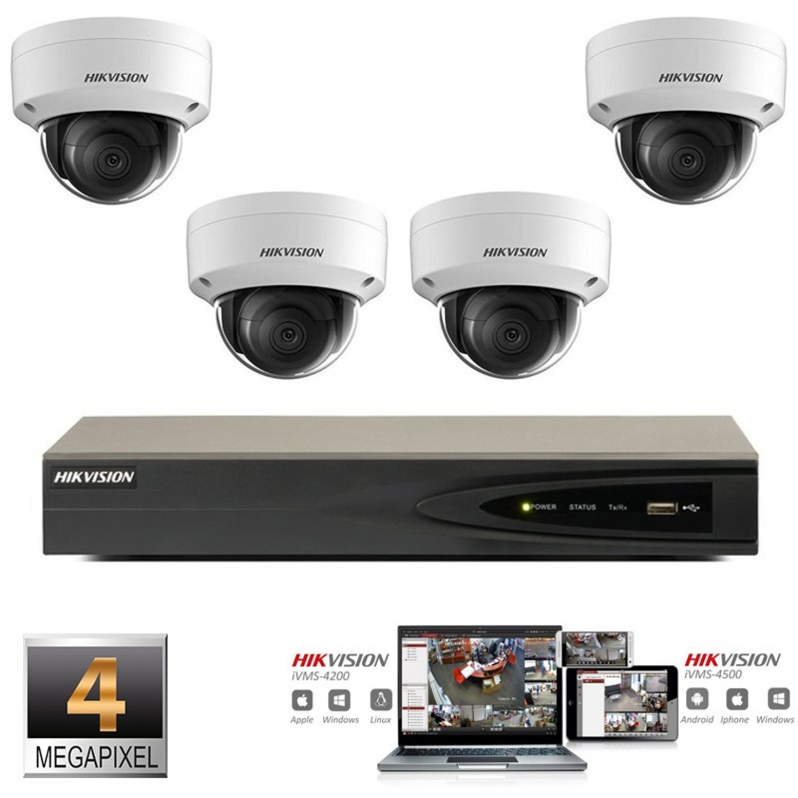 Hikvision IP camera set 4x dome 4 megapixel Full HD