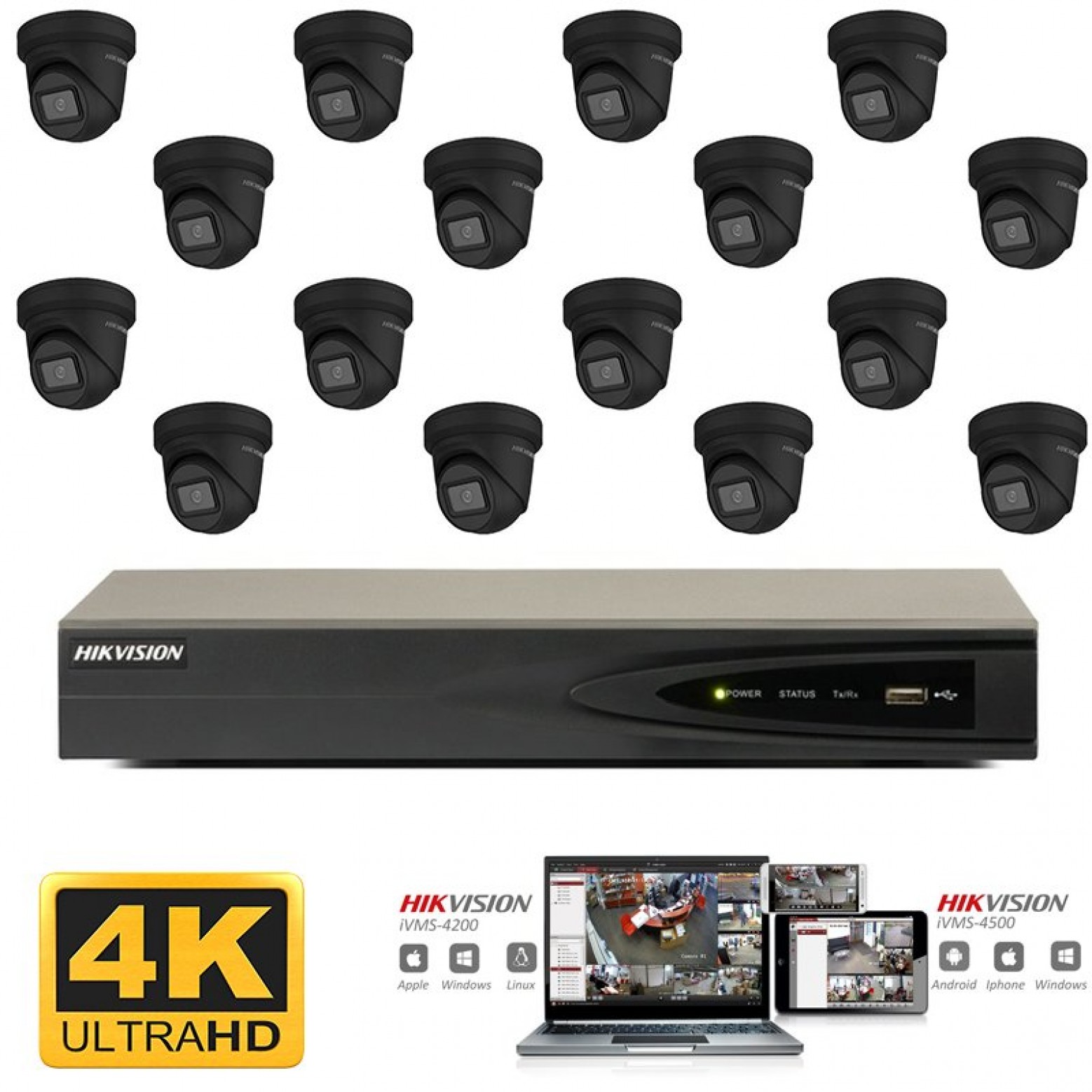 Conjunto de cámaras IP Hikvision 16x torreta negra 8 megapíxeles (4K) Full HD