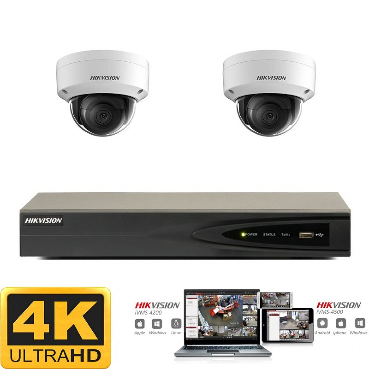 Conjunto de câmaras IP Hikvision 2x dome 8 megapixel (4K) Full HD