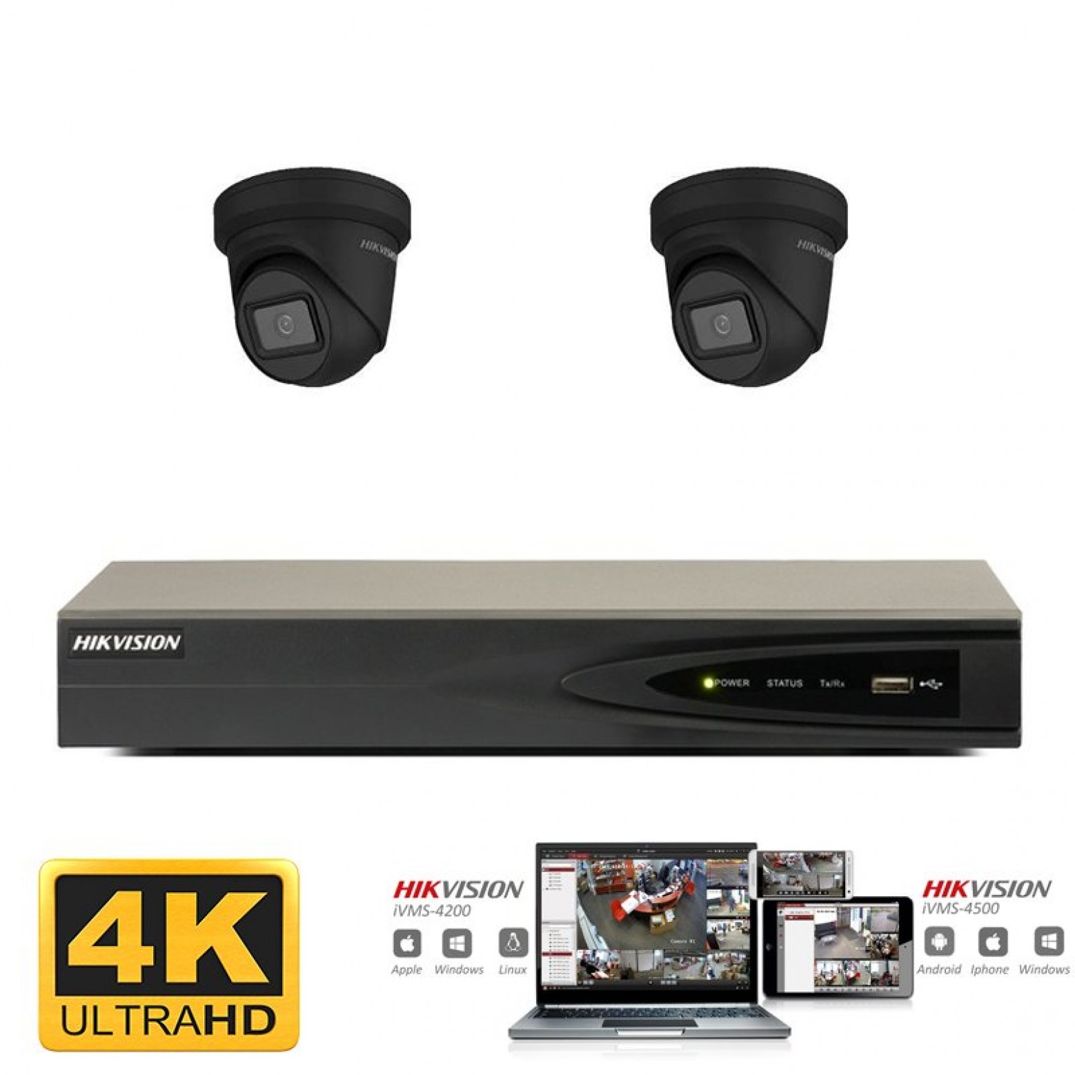 Conjunto de cámaras IP Hikvision 2x torreta negra 8 megapíxeles (4K) Full HD