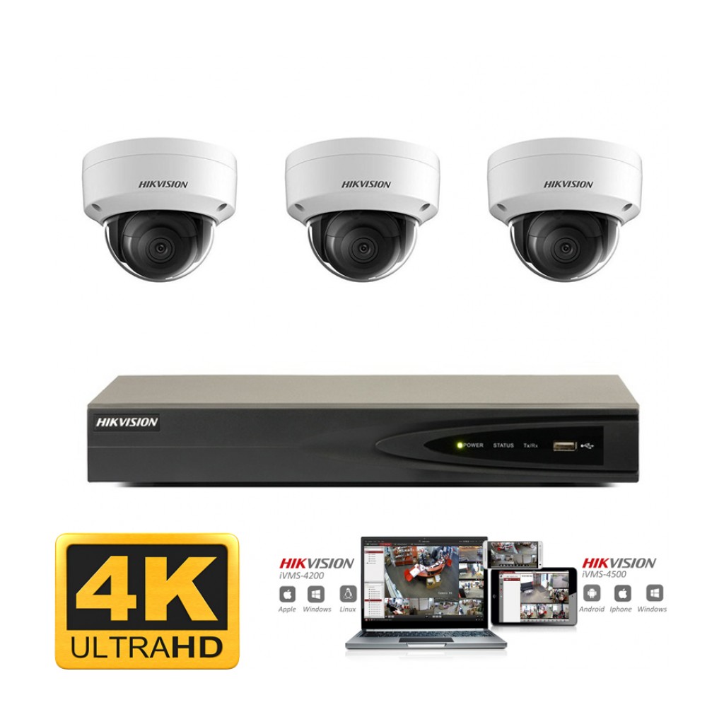 Hikvision IP camera set 3x dome 8 megapixel (4K) Full HD 