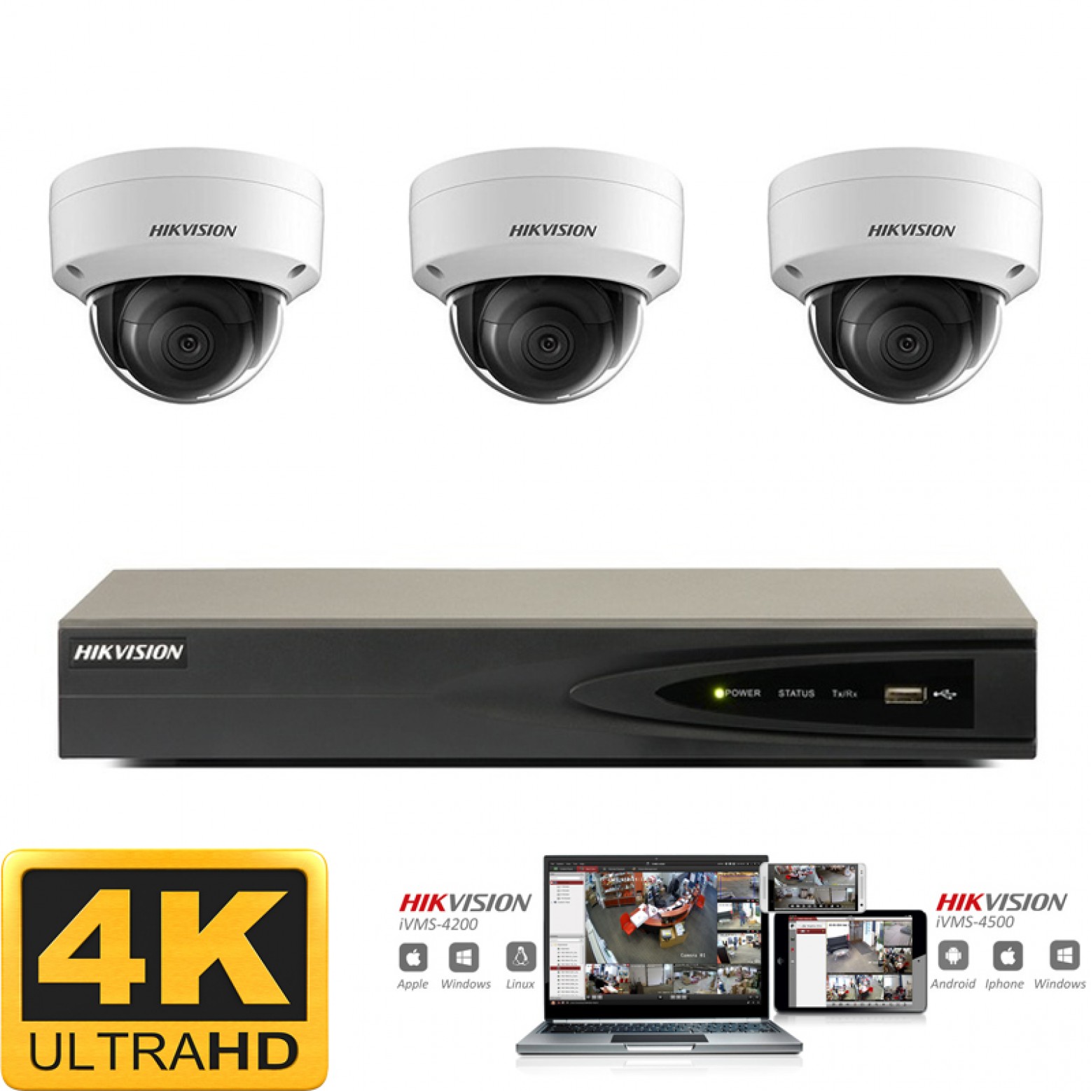 Conjunto de cámaras IP Hikvision 3x domo 8 megapíxeles (4K) Full HD