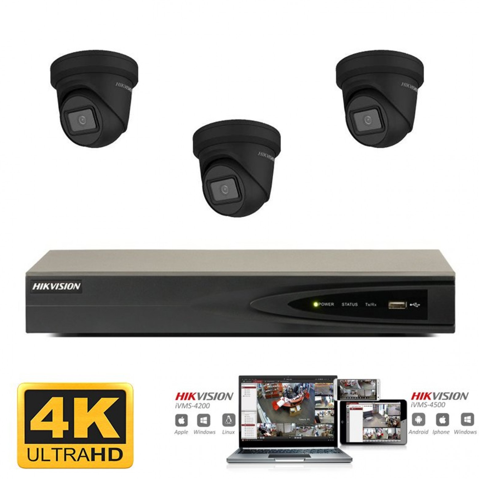 Conjunto de cámaras IP Hikvision 3x torreta negra 8 megapíxeles (4K) Full HD