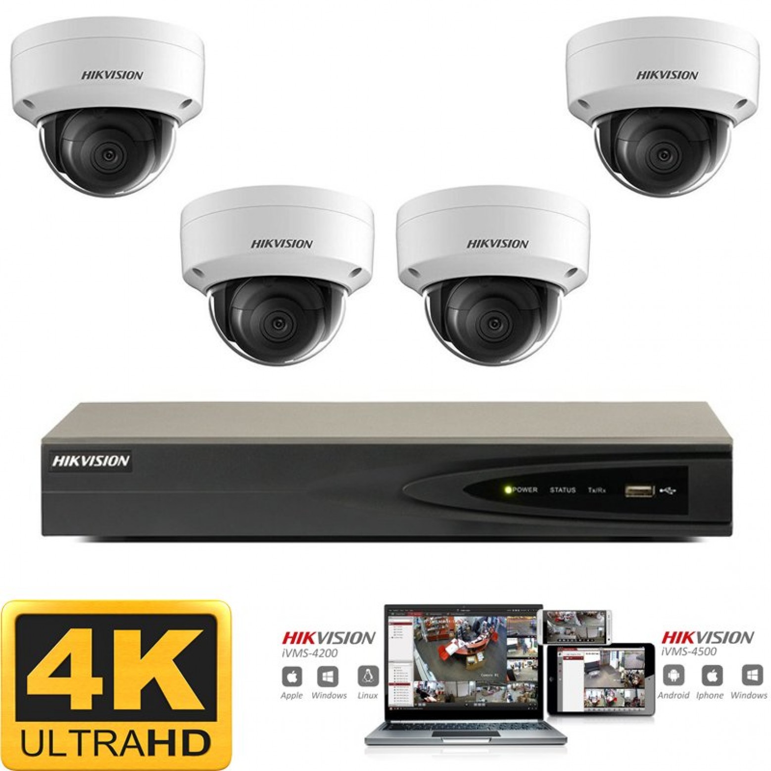 Conjunto de cámaras IP Hikvision 4x domo 8 megapíxeles (4K) Full HD