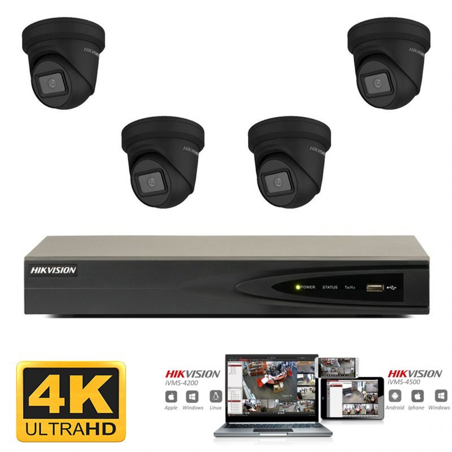 Conjunto de cámaras IP Hikvision 4x torreta negra 8 megapíxeles (4K) Full HD