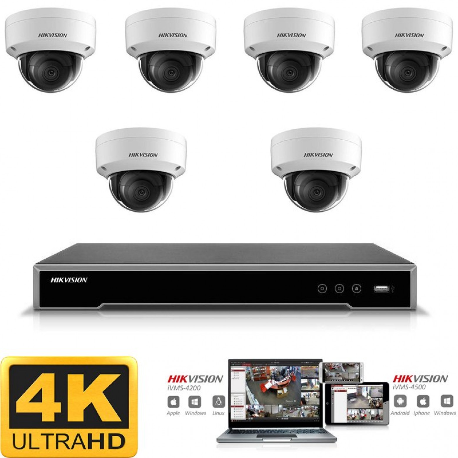 Conjunto de câmaras IP Hikvision 6x dome 8 megapixel (4K) Full HD