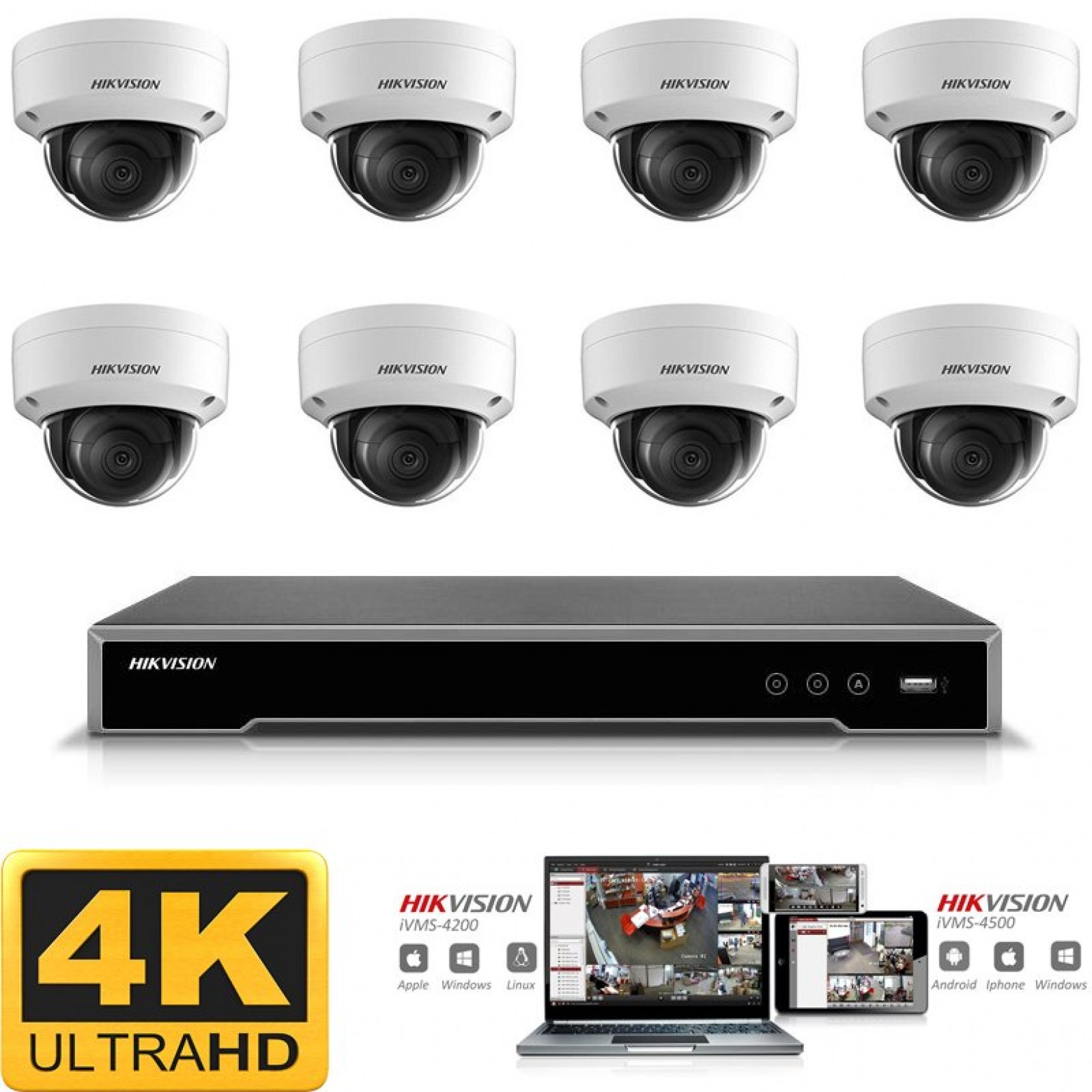 Conjunto de cámaras IP Hikvision 8x domo 8 megapíxeles (4K) Full HD