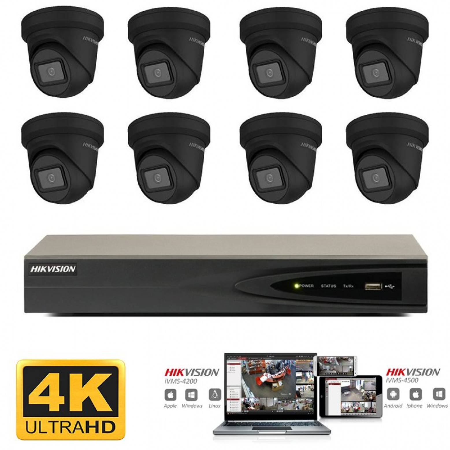 Conjunto de cámaras IP Hikvision 8x torreta negra 8 megapíxeles (4K) Full HD