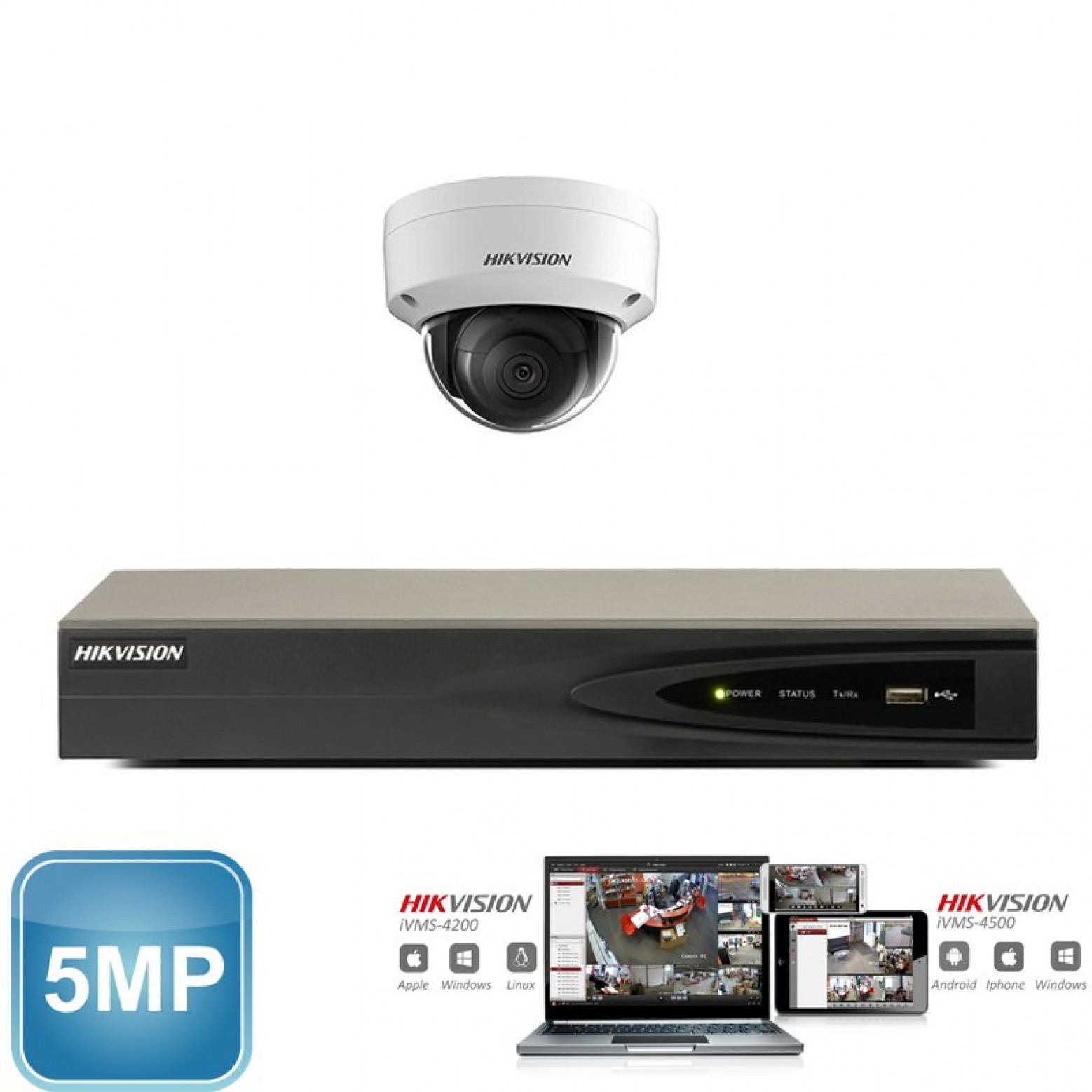 Conjunto de câmeras IP Hikvision 1x cúpula de 5 megapixels Full HD