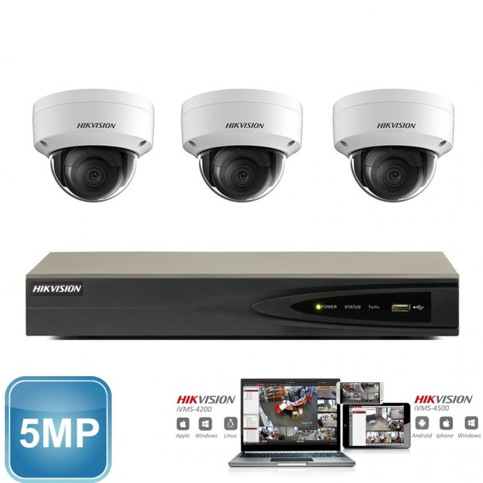 Conjunto de câmeras IP Hikvision 3x cúpula de 5 megapixels Full HD