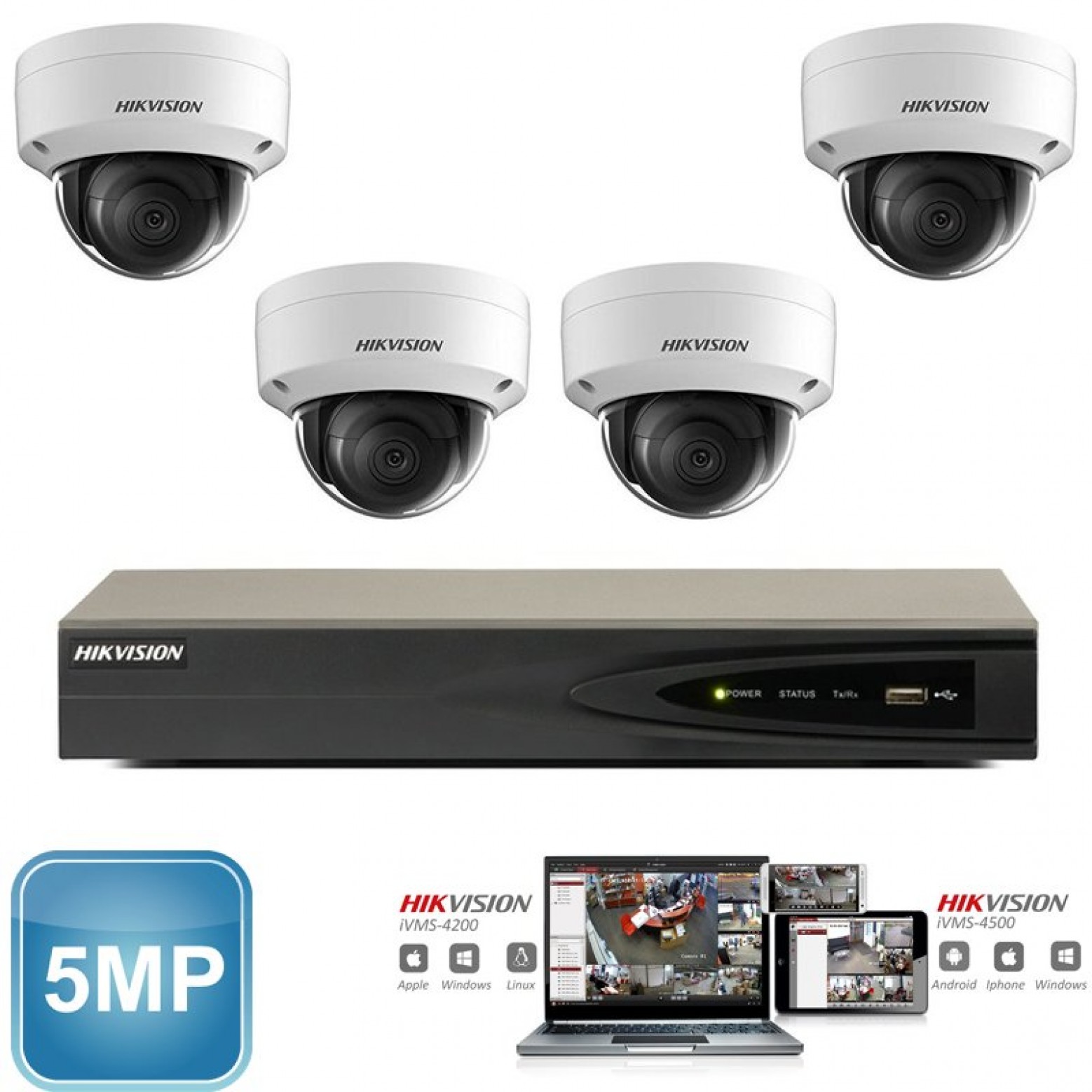 Conjunto de câmeras IP Hikvision 4x cúpula de 5 megapixels Full HD