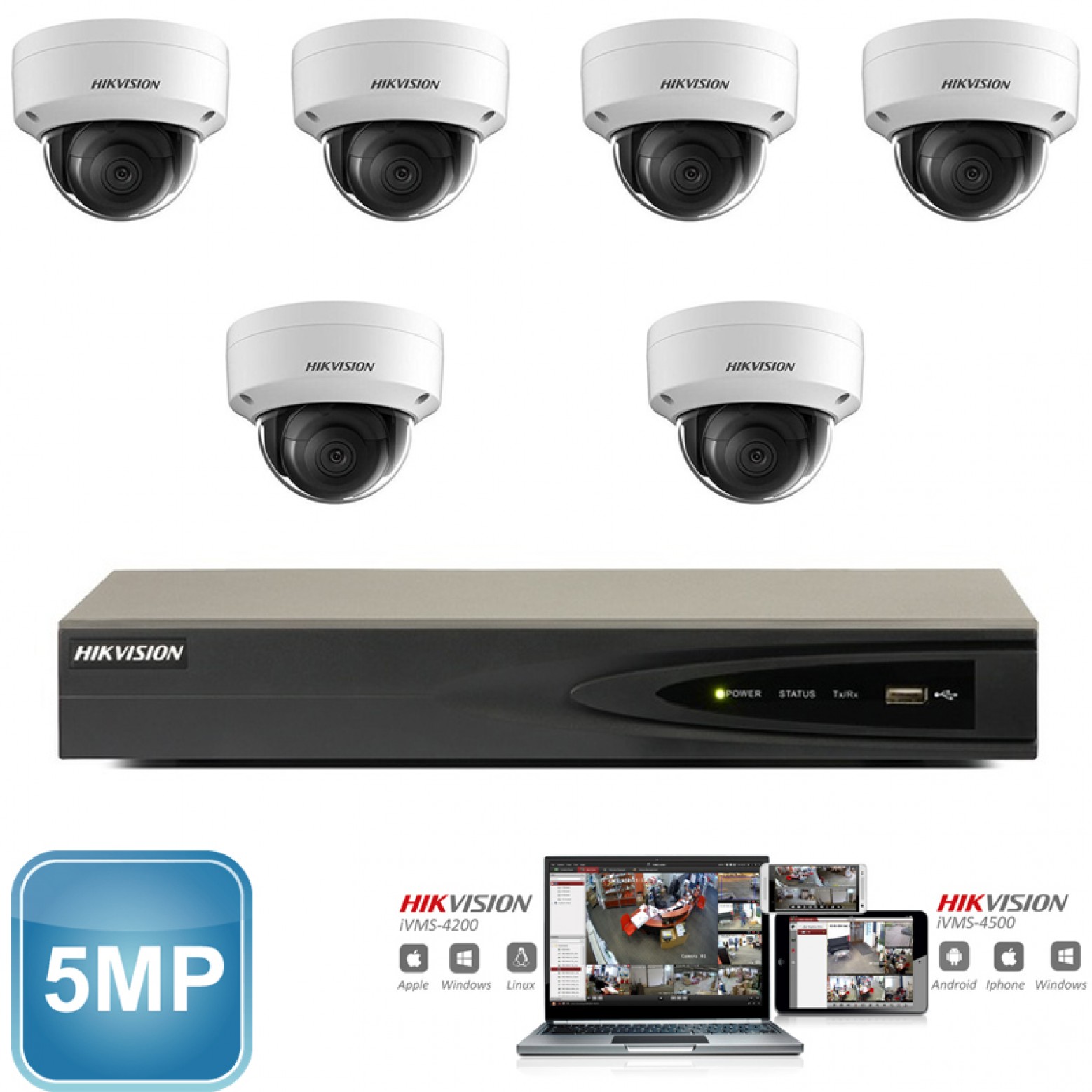 Hikvision IP-kamera sæt 6x dome 5 megapixel Full HD