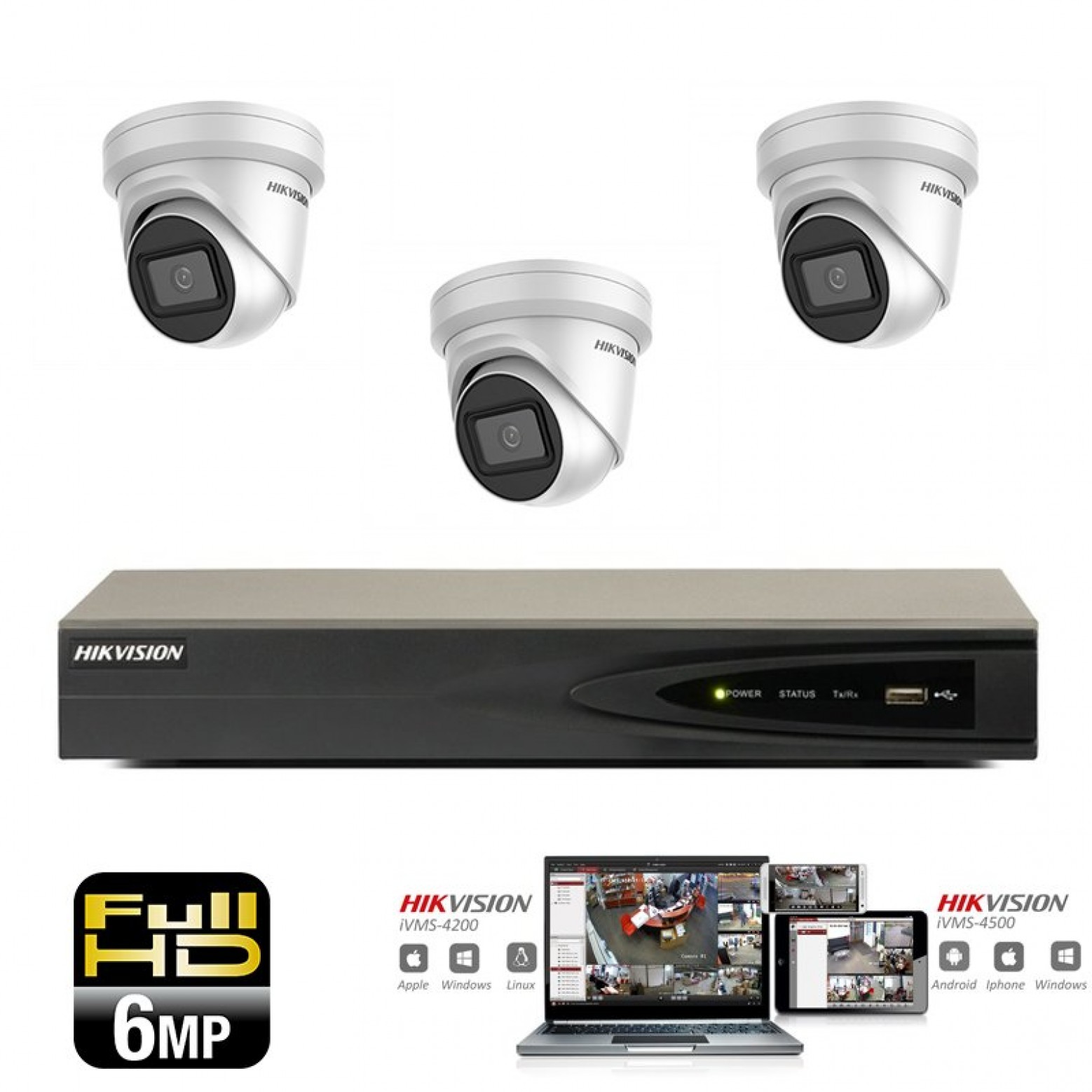 Conjunto de cámaras IP Hikvision 3x torreta 6 megapíxeles Full HD