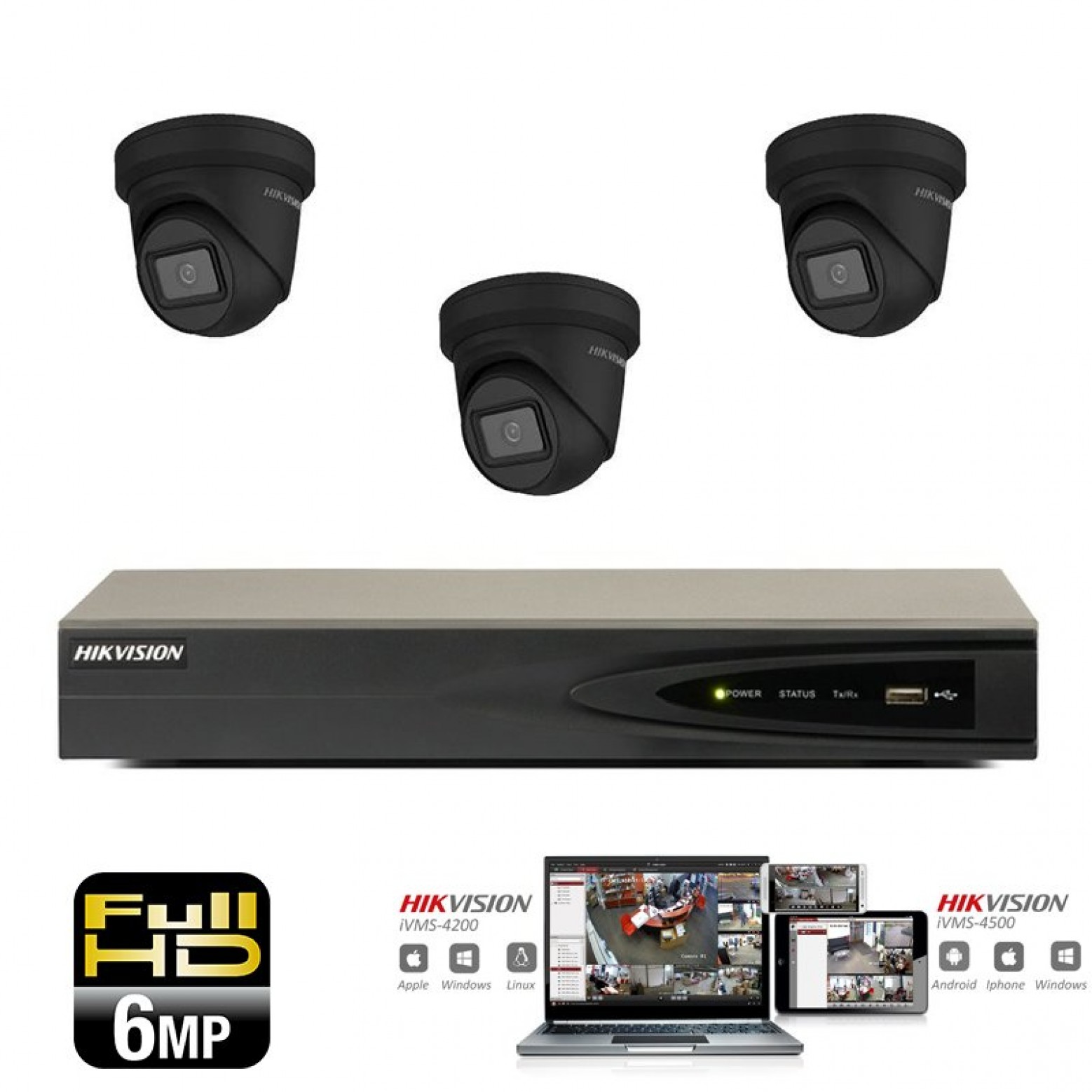 Conjunto de cámaras IP Hikvision 3x torreta 6 megapíxeles Full HD