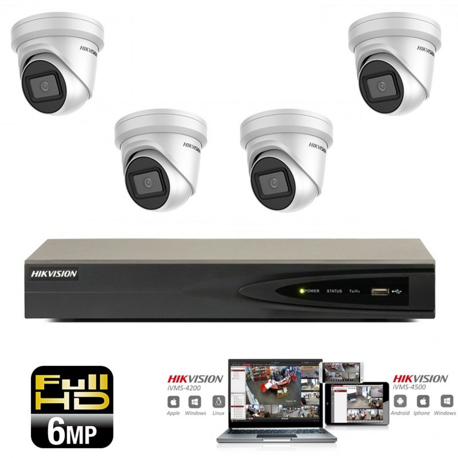 Conjunto de cámaras IP Hikvision 4x torreta 6 megapíxeles Full HD