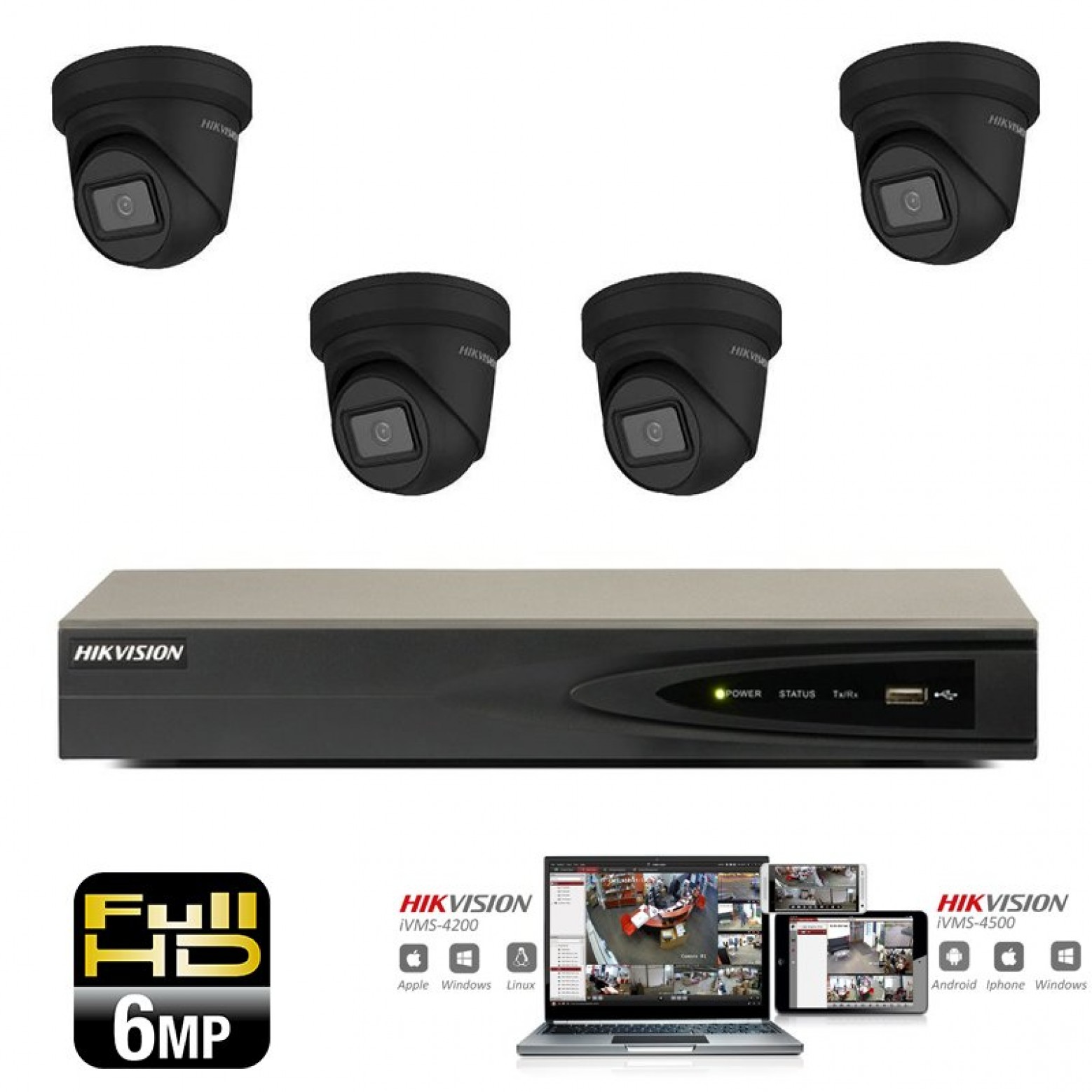 Conjunto de cámaras IP Hikvision 4x torreta 6 megapíxeles Full HD