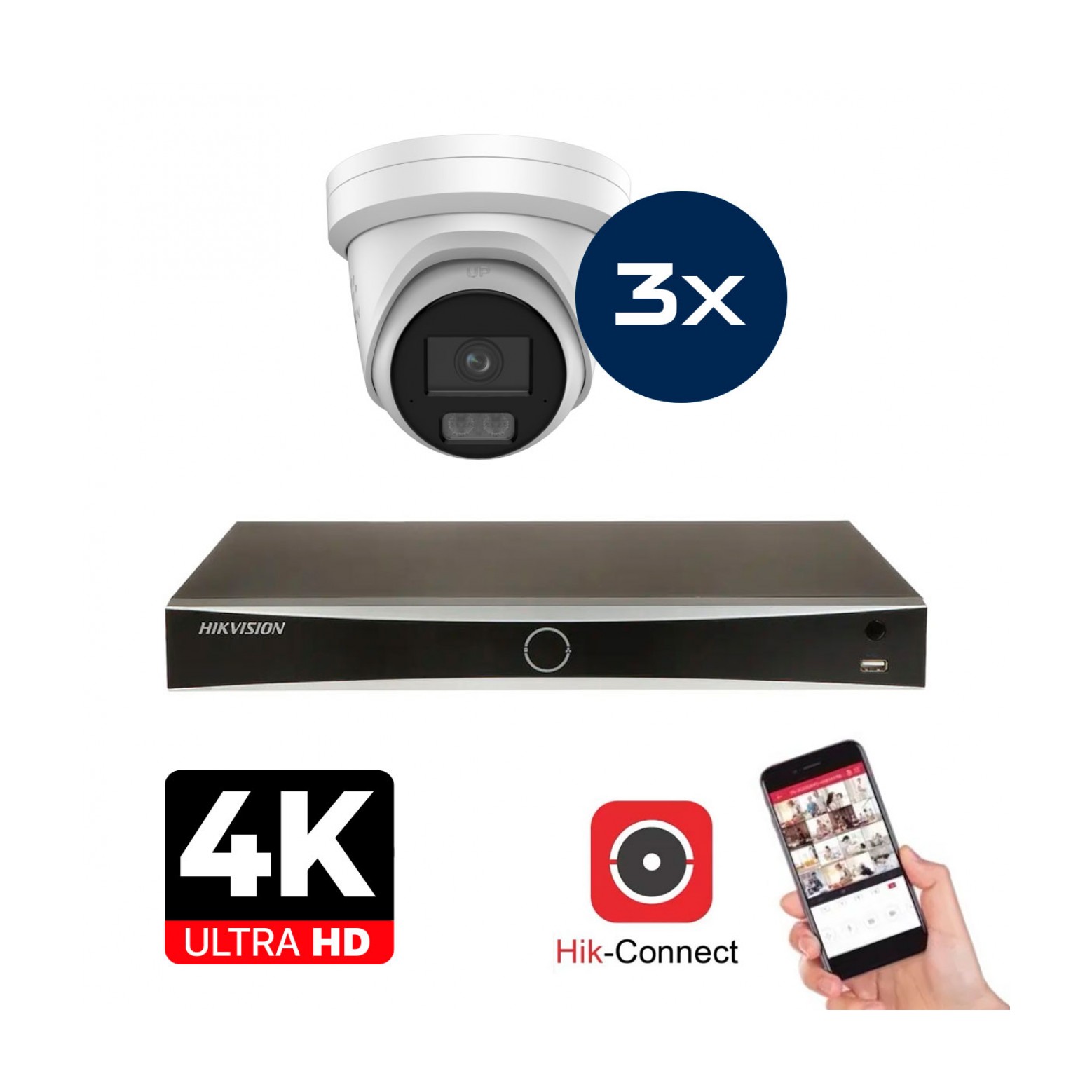 Conjunto de Câmaras Hikvision - 3x Colorvu 3.0 - Torreta - 8MP (4K) - Áudio en Microfoon - IP - Branco