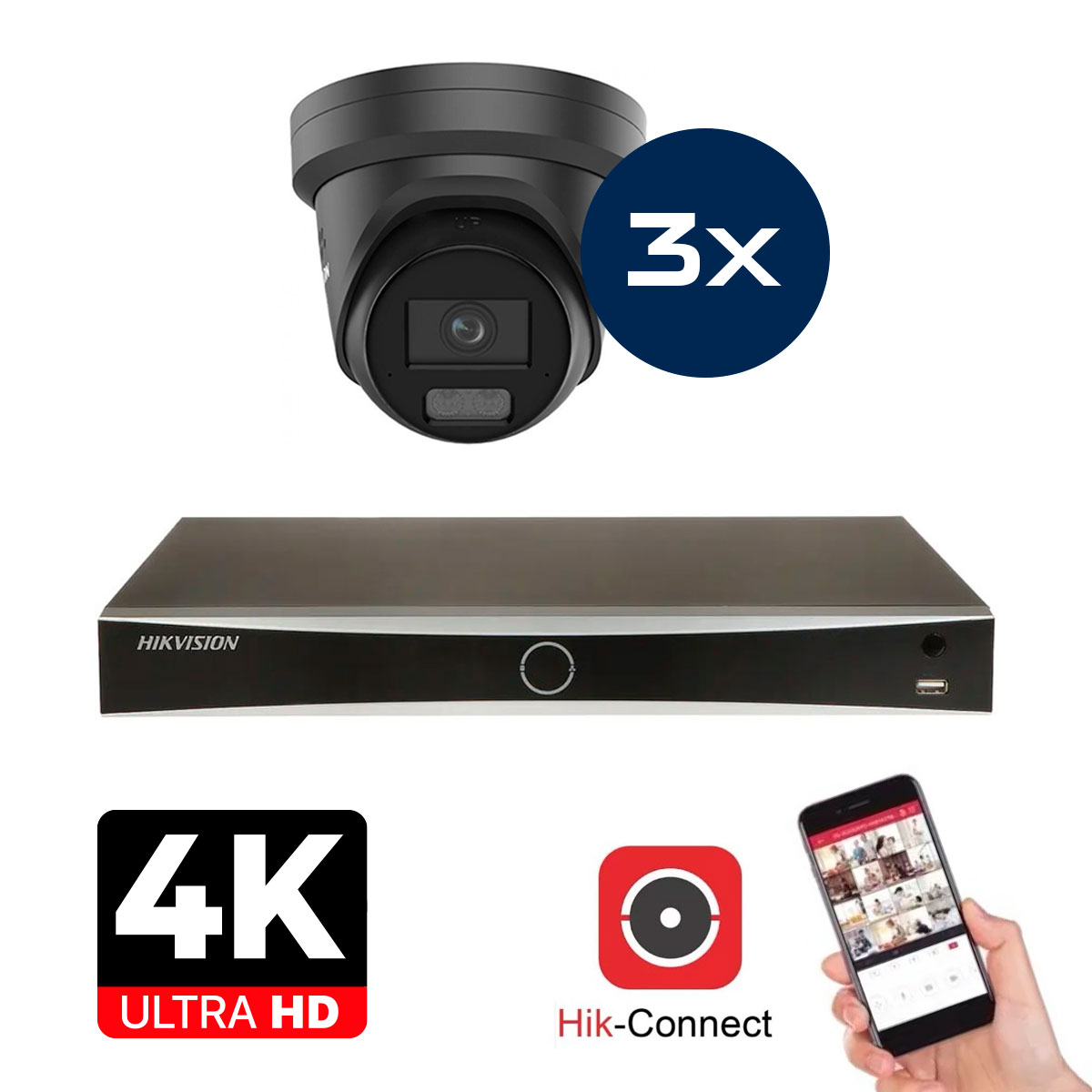 Hikvision Camera Set - 3x Colorvu 3.0 - Turret - 8MP (4K) - Audio en Microfoon - IP - Zwart